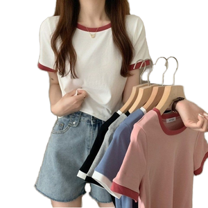 Повседневная атласная Женская футболка с коротким рукавом и круглым вырезом, 2025 Новая летняя Базовая рубашка, корейский укороченный топ для студентов - Product Image 1