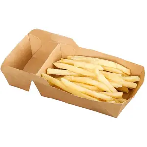 Food Tray Boats with Dip Pocket, Disposable Kraft Paper French Fries Box with Compartment Holder for Food Serving