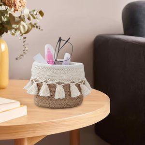Mini Cesta de Almacenamiento Boho, Organizador de Escritorio Tejido con <span class=keywords><strong>Cuerda</strong></span> de Algodón <span class=keywords><strong>para</strong></span> Brochas de Maquillaje, Contenedor de Artículos Diversos con Borlas de Macramé <span class=keywords><strong>para</strong></span> Sala de Estar - Product Image 6