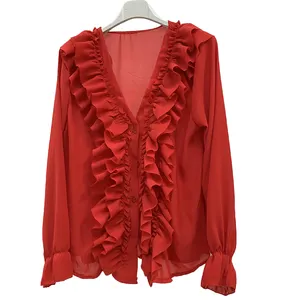 Boutique Clothing Fashion Designs Custom Wholesale Long Sleeve V-neck Collar Women Blouse