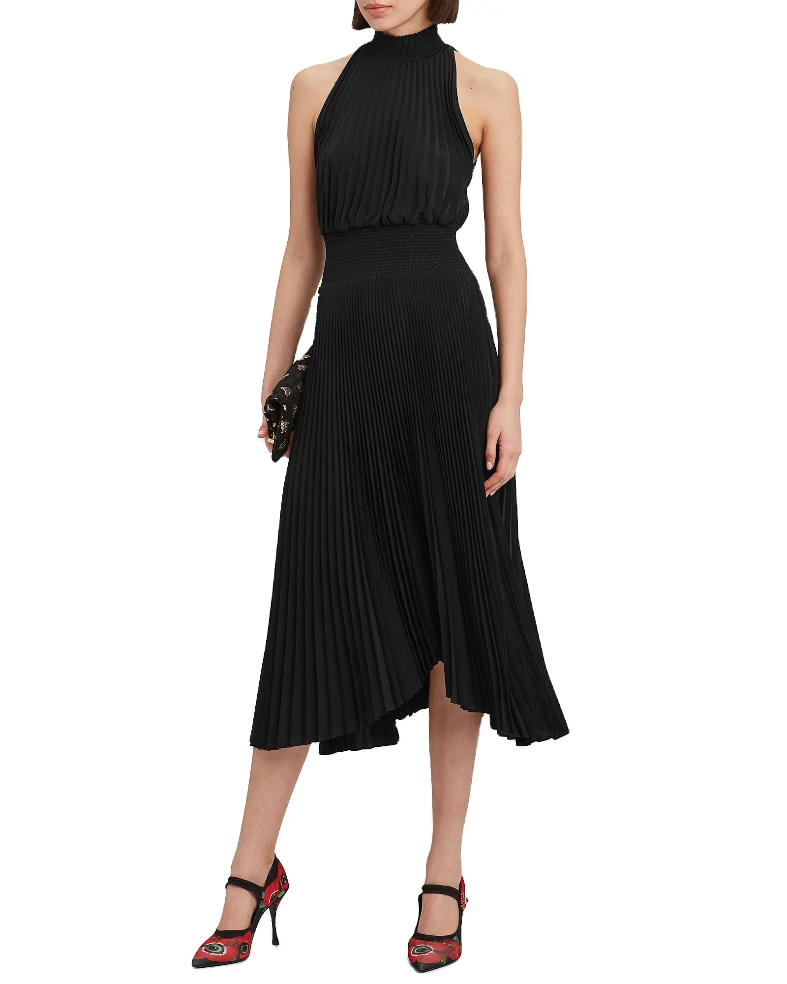 KY Club Key hole button at back Asymmetric hem Smocked elastic neck and waist Pleated Midi black lively dress