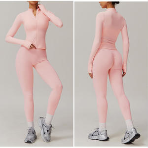 Conjunto de Chaqueta con Cremallera para Yoga al por Mayor, Shorts Deportivos Rosas sin Costuras para <span class=keywords><strong>Pilates</strong></span>, Leggings de Alta Calidad con Textura Acanalada, Conjunto de 2 Piezas para Mujer - Product Image 4