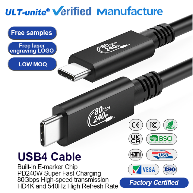 ULT-unite Wholesale Coaxial 0.3m 0.5m 0.8m 80Gbps 240W USB4 Type C Cable Compatible with Thunderbolt 5/4/USB4 Cable