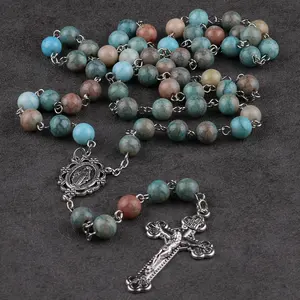 8mm Glass Beads Rosary Necklace With Miraculous Medal