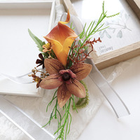 Perlengkapan Pernikahan: Bunga Boutonniere & Corsage untuk Tamu, Bunga Pergelangan Tangan, Warna Kopi, Kain, Calla Buatan