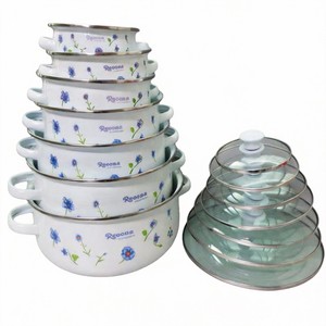Ensemble de 7 bols à mélanger en céramique avec couvercles en verre et doubles poignées, design floral bleu personnalisé, marque Harvit, respectueux de l'environnement - Product Image 1