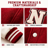 Veste universitaire rétro des années 90 rouge OEM, unisexe, en tissu épais avec patch en chenille et manches en cuir, style universitaire