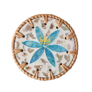 Posavasos Decorativos de Mosaico de Madreperla y Ratán, Ecológicos, Hechos a Mano, con Incrustaciones de Concha, 10 cm de Diámetro, para Mesa de Comedor - Product Image 1
