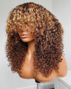 <span class=keywords><strong>Parrucche</strong></span> Lace Front con Capelli Umani Ricci Mossi, Biondo Miele con Mèches, Cuticole Allineate, Effetto Capelli Veri - Product Image 1