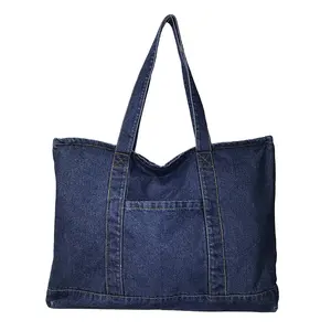 Custom Logo Recycled Travel Denim Duffle Bag Blue Jean Denim Shoulder Handbags Women Denim Canvas Tote Bag