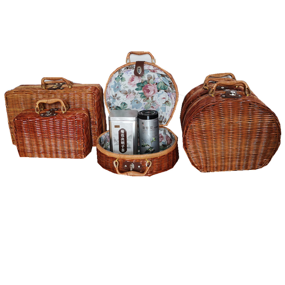 Ретро корзины для хранения из ротанга ручной работы, плетеный чемодан для макияжа, для покупок, путешествий или пикника