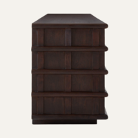Meuble TV, console multimédia, buffet, armoire de rangement en bois de chêne foncé à motif géométrique de style Mid-Century Modern pour chambre et salon