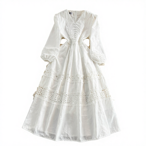 White V-Neck Boho Midi Dress With Puff Sleeves Lace Cut-Outs Floral Embroidery A-Line Loose Fit Casual Spring Wear - Product Image 4