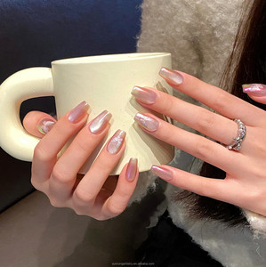 Uñas postizas de ataúd medianas, rosa claro, estilo francés, con efecto mariposa, luz de <span class=keywords><strong>ilusión</strong></span> y espejo mágico - Product Image 3