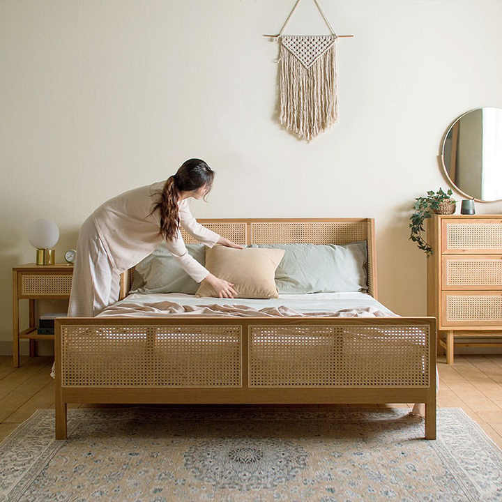 Dreamhause Rattan Bed Japanese Solid Wood Bed B&B Ash Wood Master ...