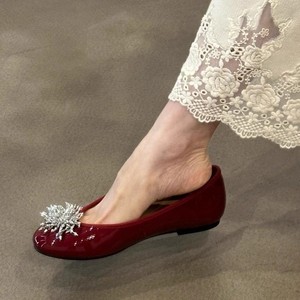 Zapatos Planos de Mujer, Tipo Bailarinas, de Cuero Sintético Dorado, Punta Redonda, Decoración Floral, Sin Cordones, Color Sólido, Cómodos para Todas las Temporadas - Product Image 2