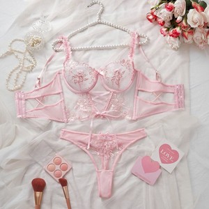 Conjunto de Lencería Sexy de Encaje Rosa Dulce para Mujer, 2 Piezas, Lencería de Encaje Transparente con Bordado, Copas con Pico, Ropa de Dormir Sensual - Product Image 4