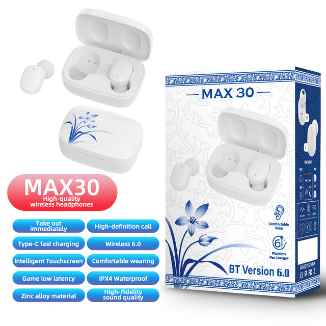 New Fones De Ouvido Max30 TWS In-Ear Stereo Earphones HiFi Wireless Earbuds Touchscreen Battery Indicator Waterproof Smartlink