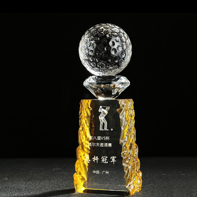 Unique K9 Crystal Golf Ball Awards Gold Color Crystal Trophy for Sports