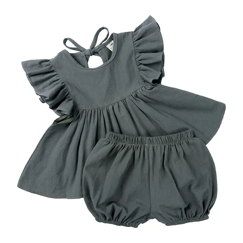Wholesale 100% Organic Cotton Summer Baby Girls Clothing Sets Solid Color Ruffle Pullover 2Pcs Kids Clothing Sets Girl