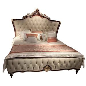 Cama de cuero francés de buena calidad de madera maciza con hermosos muebles de dormitorio hechos a mano con colchón y mesitas de noche - Product Image 6
