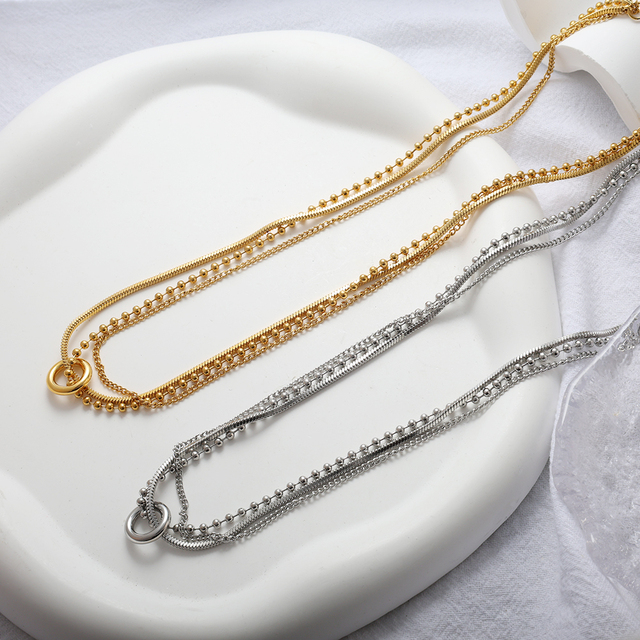 Waterproof 18K Gold Plated and Rhodium Hypoallergenic Stainless Steel Jewelry Layer Necklace and Layer Beaded Bracelet Sets