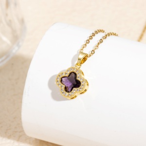 Mặt dây chuyền cỏ bốn lá với đá quý nhiều màu sắc, dây chuyền có thể điều chỉnh, bán buôn, trang sức bùa may mắn - Product Image 6