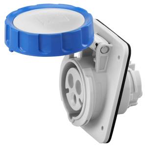 Prise murale encastrée fixe 10 degrés IP67 2P+T 16A 250V bleue avec câblage à vis, en plastique, mise à la terre standard - Product Image 1
