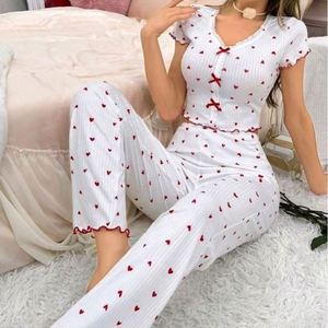 I-0630 Camisón Casual de Verano para Mujer, Estampado con Forma de Corazón en la Parte Delantera, Transpirable, Cuello en V, Lazo, Cintura Alta Elástica, Manga Corta - Product Image 3