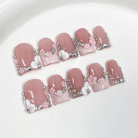 Lot de 10 faux ongles à presser, motif amande carrée, peints à la main, faits à la main, couvrance totale, avec colle pour doigts