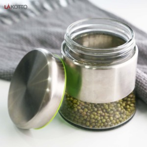 Tarro de almacenamiento interno de vidrio transparente con revestimiento de acero inoxidable redondo multifunción, con tapas de acero inoxidable, tarro de almacenamiento de alimentos de vidrio - Product Image 6