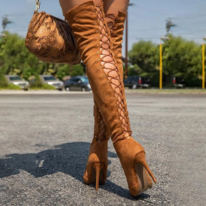 Bottes hautes pour femme, grande taille 45, moulantes, sexy, à lacets au dos, à bout pointu, avec demi-fermeture éclair latérale, à talon fin et long - Product Image 4