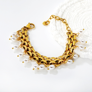 สร้อยข้อมือสแตนเลสสตีลชุบทอง 18K PVD ประดับมุก สร้อยข้อมือแบบคลาสสิกสำหรับผู้หญิง เหมาะสำหรับงานปาร์ตี้ สร้อยข้อมือแบบเชื่อมต่อทำจากโลหะผสม - Product Image 3