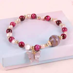 Moda coreana Pérola de água doce Gemstone Natural Cristal Ametista Glass Beads estiramento Borboleta Charm Bracelet Para Mulheres Meninas