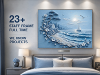 Blaues Küstenhaus Segelboot Welle 3D Geschnitzte Textur Wandkunst Silberrahmen Strandresort Hotel Lobby Akzentwand Kundenspezifische Großbestellung OEM