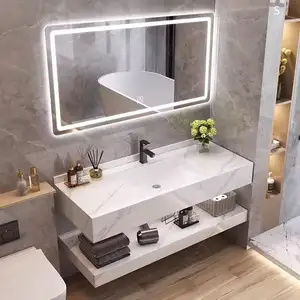 Modern Customizable High Quality Rock Panel LED Mirror Bathroom Sink Cabinet Hotel Corner Triangle Mirror Cabinet Vanity Combo
