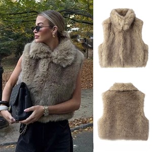 Gilet en fausse fourrure tricoté pour femme, sans manches, vêtement d'extérieur d'hiver avec col en fourrure, veste décontractée - Product Image 1