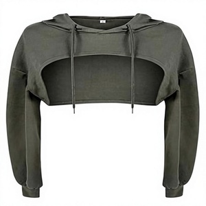 Wholesale Streetwear Drop Shoulder Blank Plain Heavyweight Cotton Fleece Super <b>Crop</b> <b>Top</b> Hoodies Cutout For Women - Product Image 1