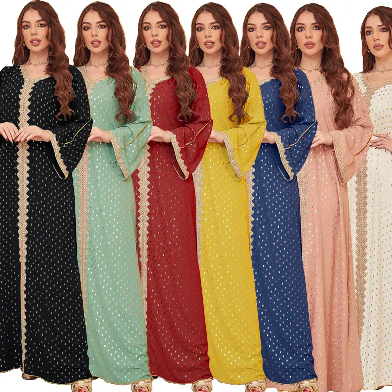 2023 New Fancy Solid Color Dot Gold Bronzing Dress Abaya Muslim Dubai Women Embroidery Edge Long Loose Robe Gown Kaftan Abaya