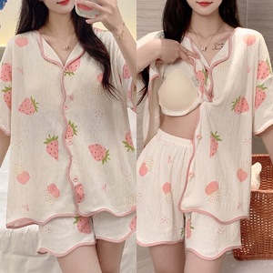 2026 Summer Women Pajamas Set With Chest Pad Short Sleeve Shirt and Pant Cartoon Printed Loose Casual Home Wear Set With Bra - Product Image 6