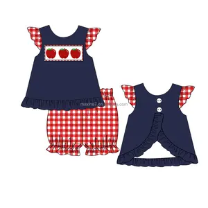 High Quality Kids Clothing Back To School Embroidery Apple French Knot Girl Outfits Boutique Baby Girls Sets