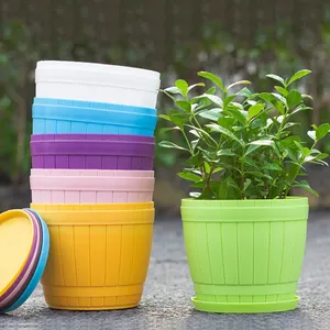 Vaso de planta plástico para jardinagem, pote de flores para jardinagem, plantas verdes, pote em vasos, imitação de barril de madeira, vaso de planta congelado