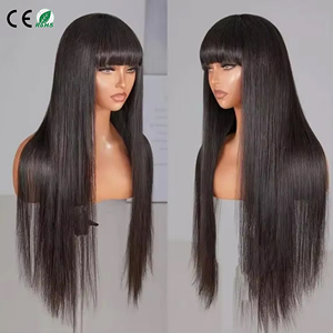 100% Human Hair Long Length Silky <b>Wig</b> Human Hair Double Drawn Ready to Wear Bone Straight <b>Wig</b> With Fringe Bangs for Black Women - Product Image 1