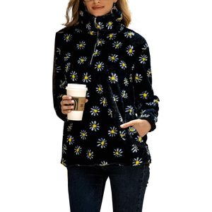 Sweat-shirt en sherpa à manches longues pour femme, fermeture éclair 1/4, imprimé floral, pull en polaire, veste d'extérieur - Product Image 1