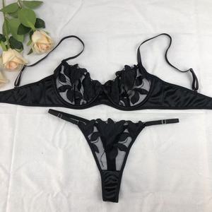 Conjunto de lencería sexy transpirable de 2 piezas para mujer: sujetador con aros y tanga de encaje transparente con bordado 3D al por mayor - Product Image 2