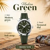 Montre à quartz pour homme 41 mm, boîtier en acier inoxydable, cadran vert, affichage de la date, verre saphir, résistance à l'eau 20 BAR, OEM