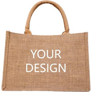 Sac fourre-tout fait sur commande du jute 2025 pour la fermeture de tirette de femmes Bualap avec le texte et le logo adaptés aux besoins du client Images - Product Image 1