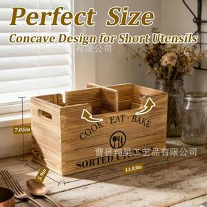 Wooden Cutlery Storage Box Solid Wood Rectangle With Compartments For <b>Kitchen</b> Utensil Organization - Product Image 5