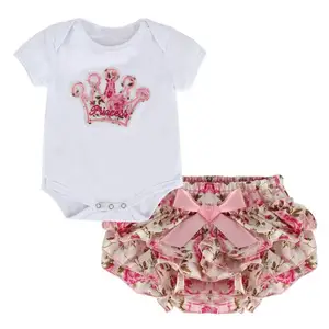 2 pcs/लॉट नवजात शिशु लड़कियों के कपड़े, कपास का फूल प्रिंट ग्रीष्मकालीन रोमांस + शॉर्ट्स बेबी सेट