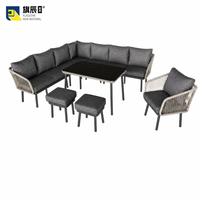 5-teiliges Outdoor-Patio-Set, L-förmiges Sofa, Sessel, Tisch, 2 Ottomanen, beige Seilgeflecht, Metall